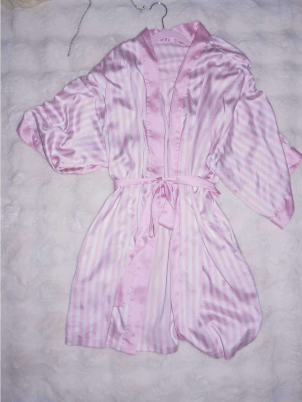 Victoria's Secret Pink & White Striped Satin Kimono Robe